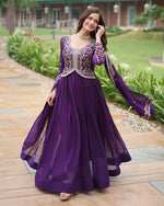 Womenline Purple Color Faux Blooming Multi Embroidered Work Gown