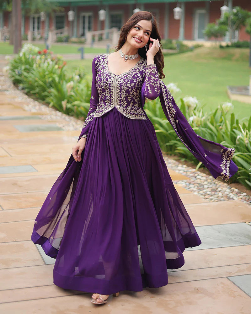 Womenline Purple Color Faux Blooming Multi Embroidered Work Gown