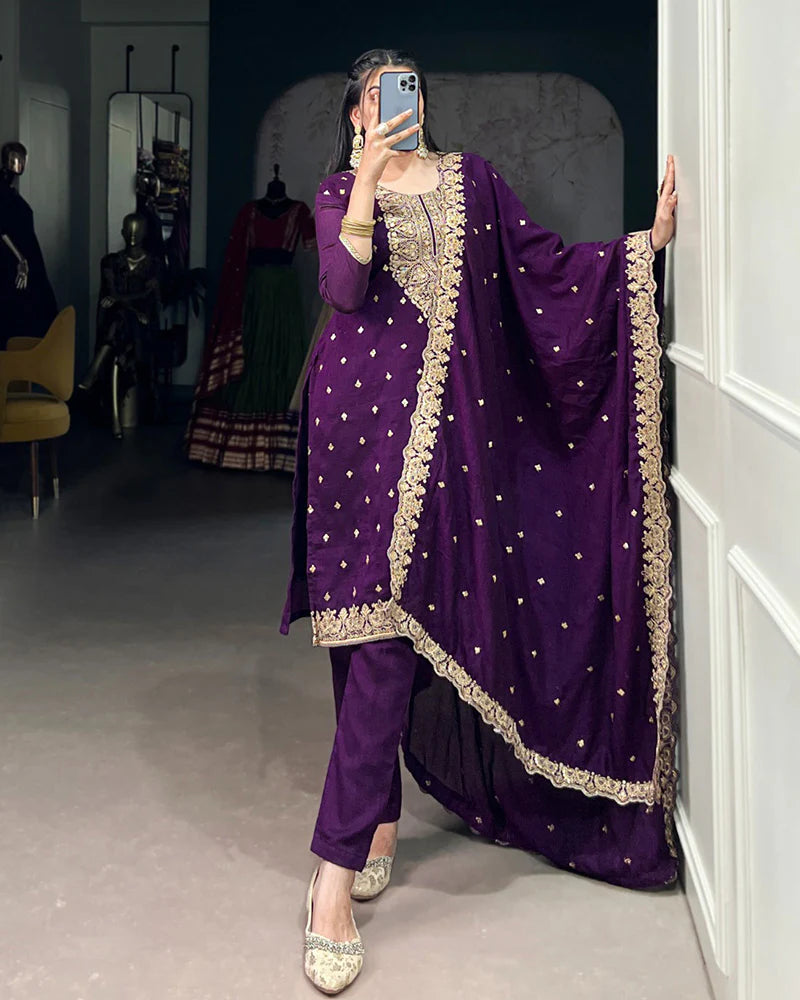 Womenline Purple Color Vichitra Silk Embroidered Three Piece Kurti Suit