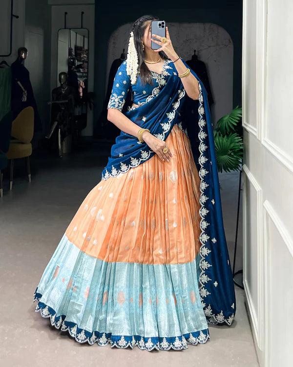 Womenline Orange Color Zari Kota Embroidered Half Saree