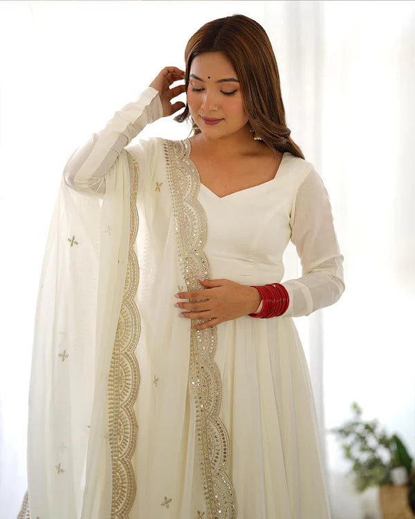Womenline Beautiful White Color Pure Chanderi Silk Three Piece Anarkali Suit