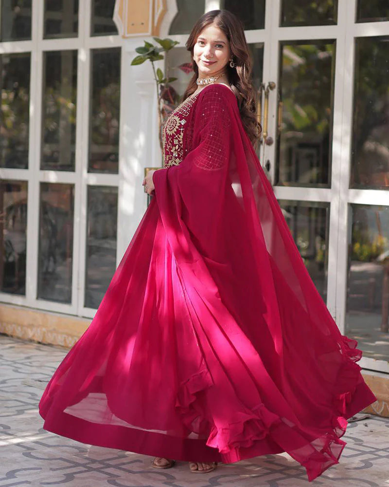 Womenline Rani Pink Color Faux Blooming Georgette Gown With Embroidered Dupatta