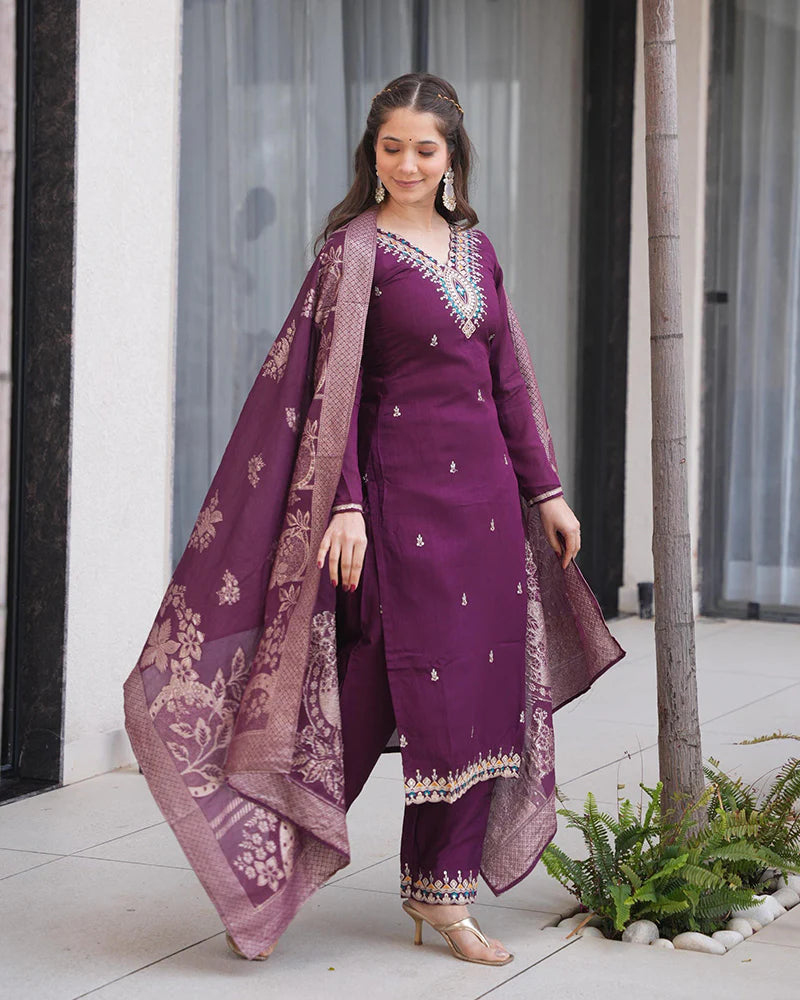Womenline Wine Color Roman Silk Embroidered Three Piece Kurti Suit