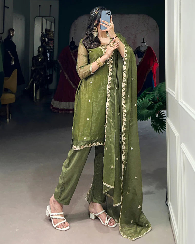 Womenline Olive Green Color Gold Coin Three Piece Kurti Suit