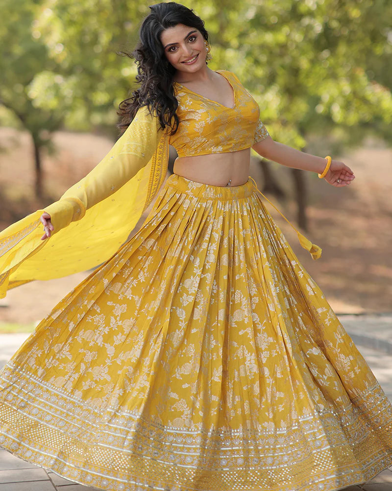 Womenline Yellow Color Pure Viscose Jacquard Lehenga Choli