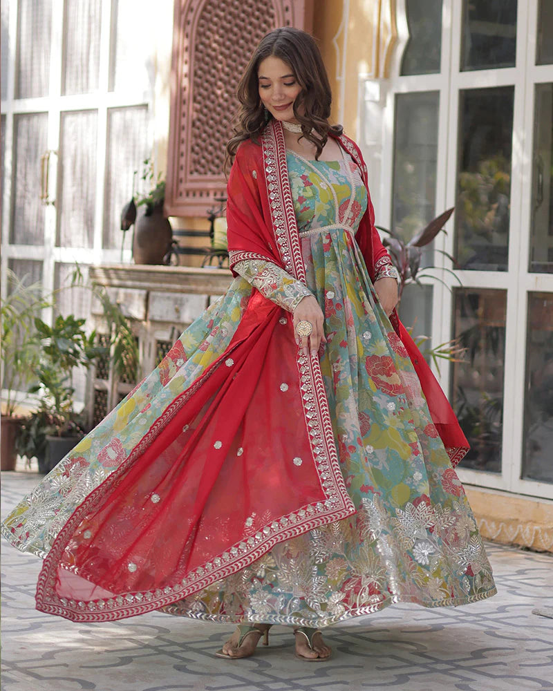 Womenline Lime Green Color Alia Cut Embroidered Gown With Dupatta