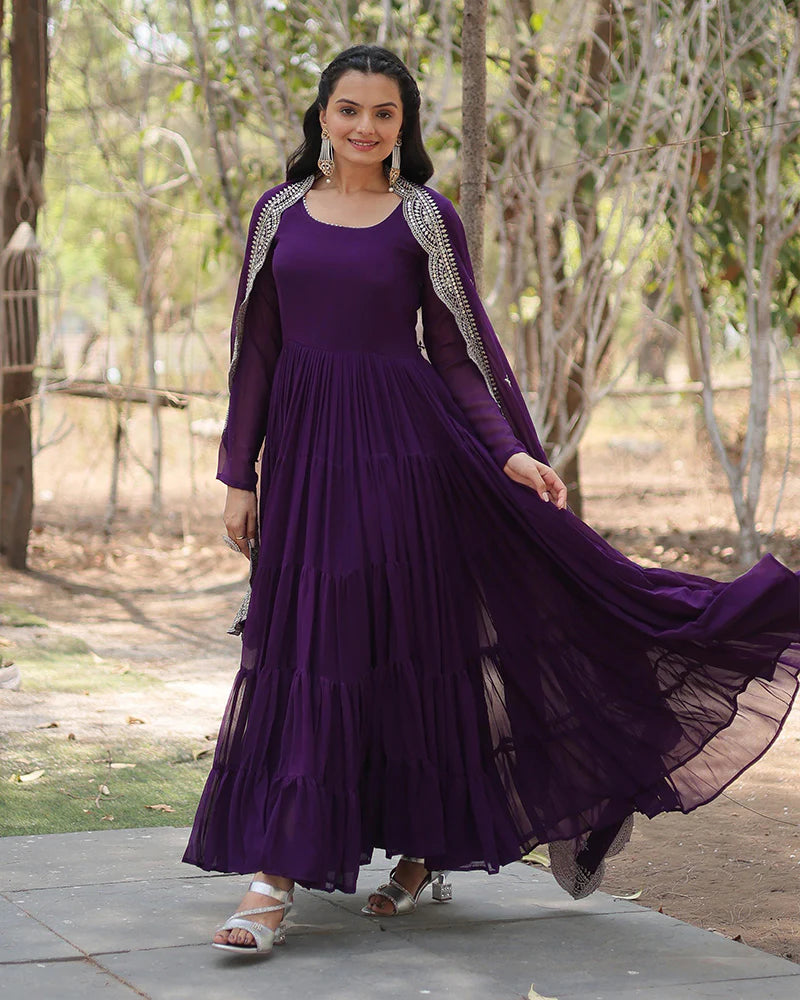 Womenline Purple Color Designer Embroidered Gown With Dupatta