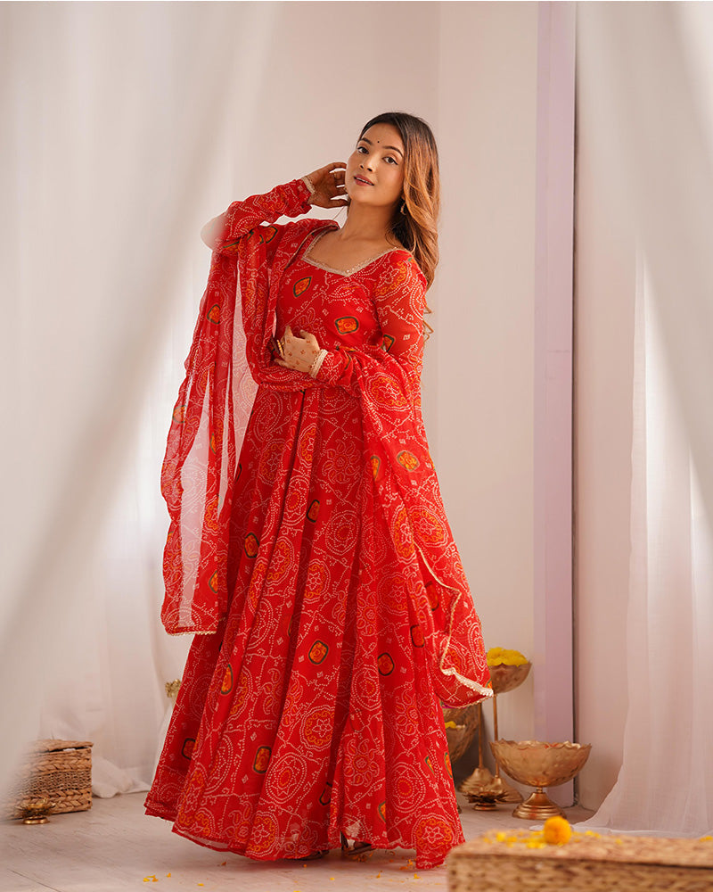 Womenline Red Color Bandhej Print Soft Chiffon Anarkali Gown