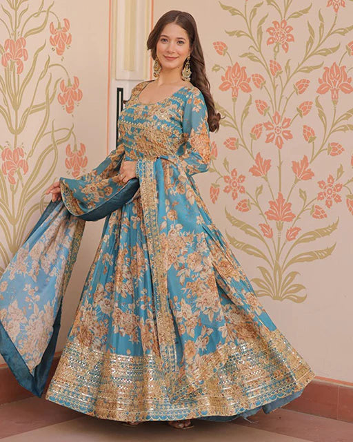 Womenline Sky Blue Color Russian Silk Embroidered Gown