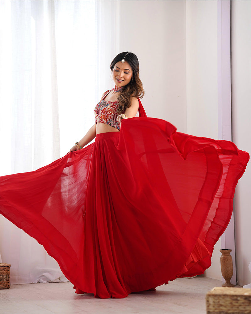 Womenline Red Color Pure Soft Georgette Lehenga Choli