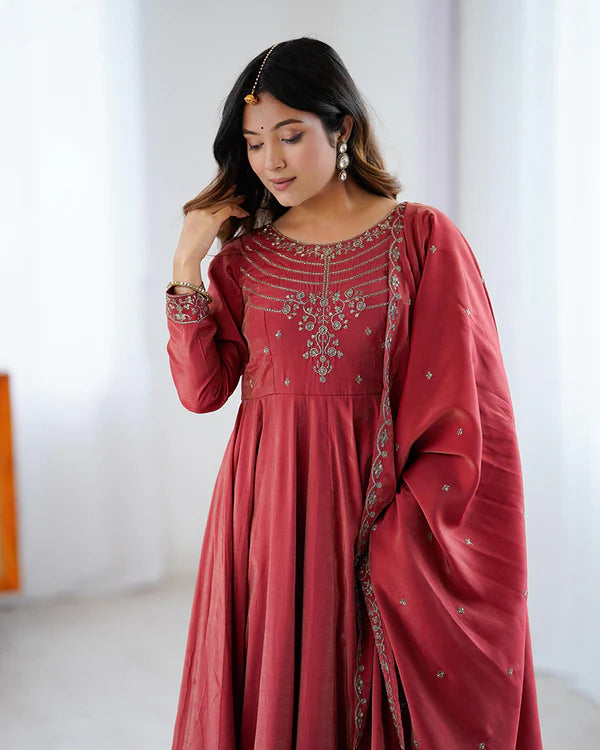 Womenline Maroon Color Roman Shimmer Chanderi Silk Three Piece Anarkali Suit