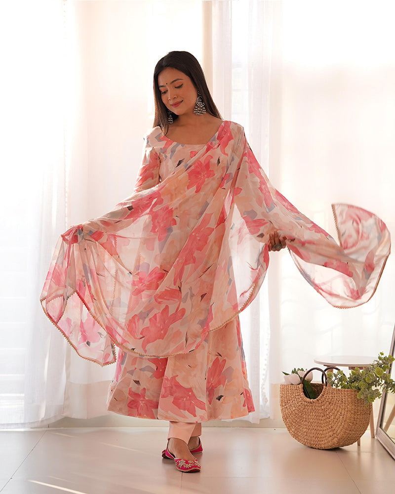 Womenline Beautiful Baby Pink Multi Color Georgette Three Piece Anarkali Suit