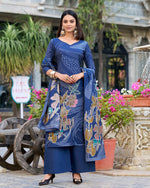 Womenline Navy Blue Color Roman Silk Three Piece Kurti Suit