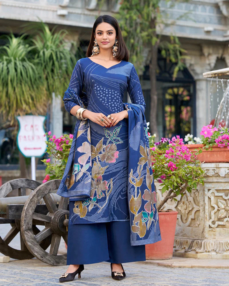 Womenline Navy Blue Color Roman Silk Three Piece Kurti Suit