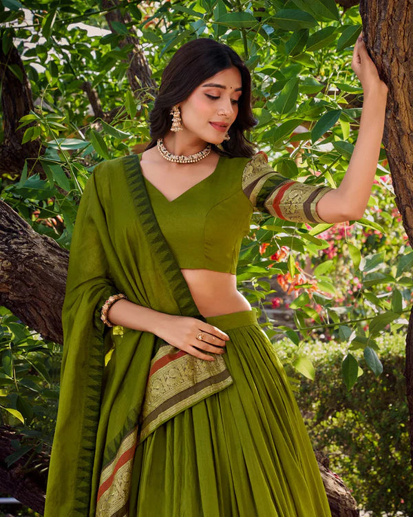 Womenline Mehndi Color Pure Chanderi Plain Half Saree
