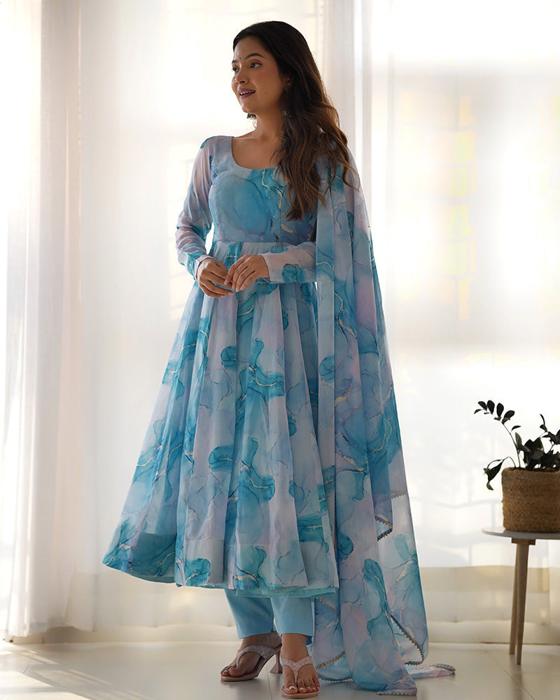 Womenline Sky Blue Color Pure Soft Organza Three Piece Anarkali Suit