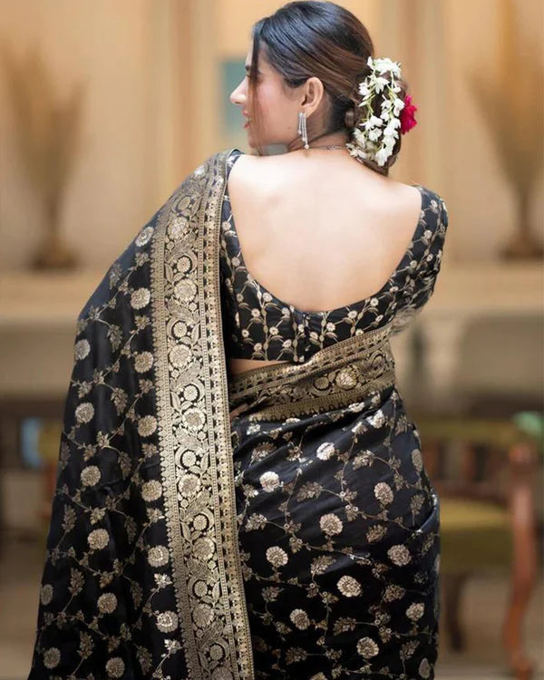 Womenline Black Color Banarasi Jacquard With Zari Work Saree