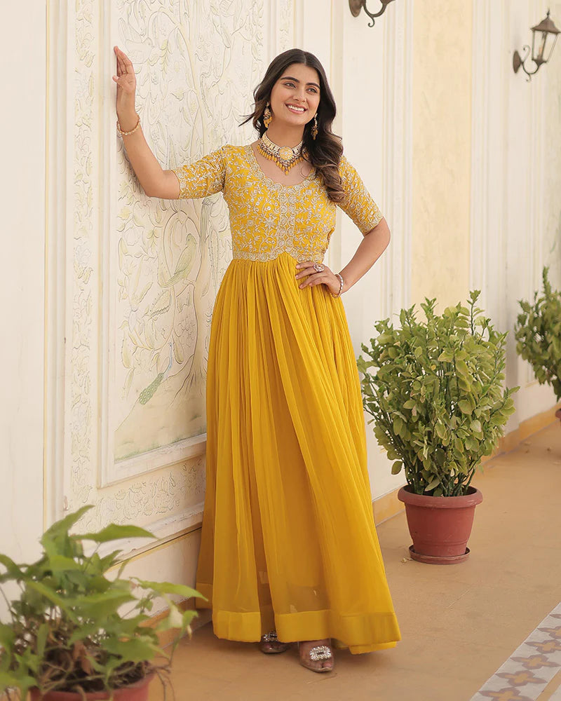 Womenline Yellow Color Faux Blooming Zari sequence Embroidered Gown