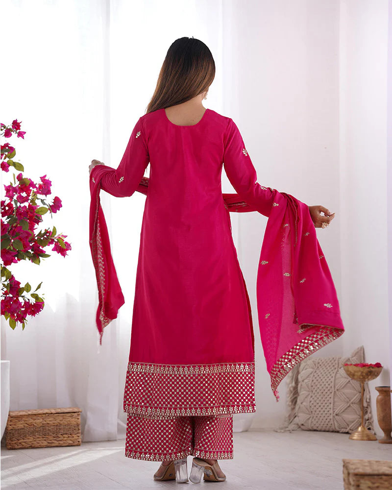 Womenline Rani Pink Color Chinon Silk Three Piece Kurti Suit