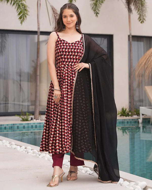 Womenline Red Color Triangle Printed Pure Cotton Anarkali Suit