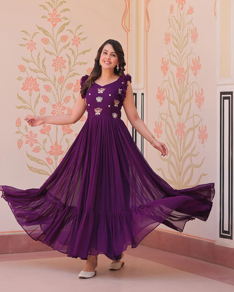 Womenline Wine Color Faux Blooming Embroidered work Gown