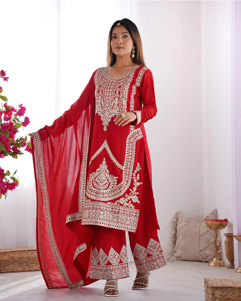 Womenline Red Color Vichitra Silk Three Piece Kurti Suit