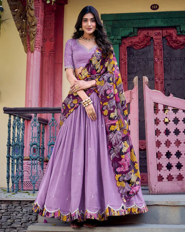 Womenline Lavender Color Vichitra Silk Embroidered Half Saree