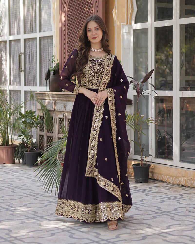 Womenline Wine Color Faux Blooming Embroidered Gown
