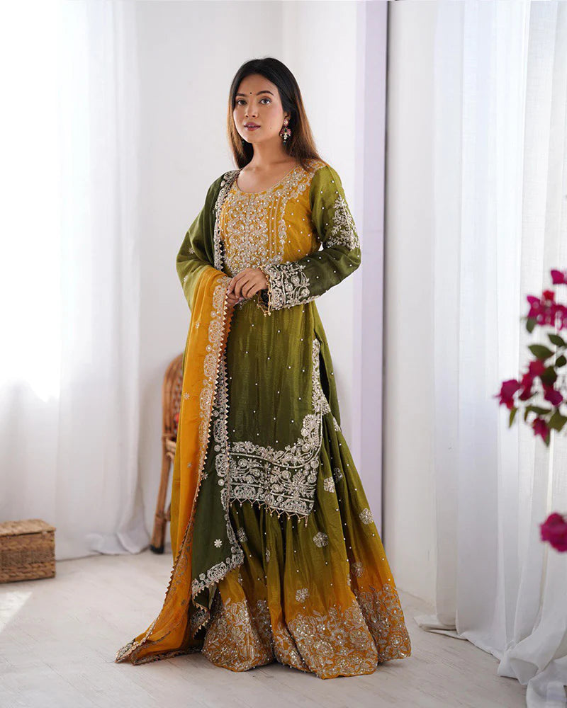 Womenline Mehndi Color Chinnon Sequence Work Plazzo Suit