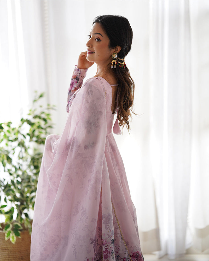Womenline Baby Pink Color Floral Print Organza Three Piece Anarkali Suit