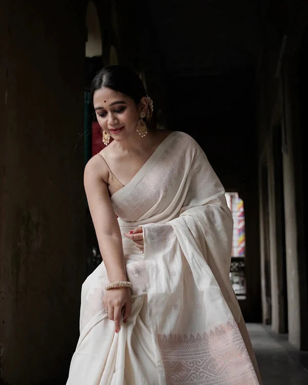 Womenline White Color Banarasi Jacquard Soft Silk Saree