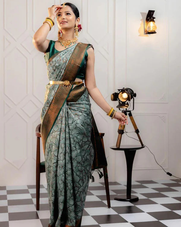 Womenline Pista Color Banarasi Jacquard Soft Silk Saree