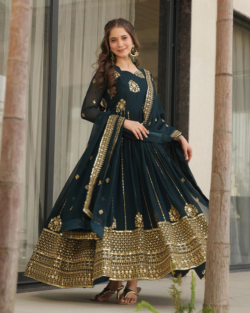 Womenline Deep Teal Green Color Designer Golden Embroidered Gown