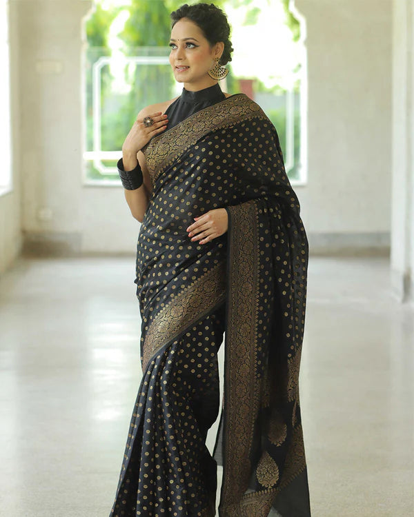 Womenline Black Color Banarasi Jacquard Soft Silk Saree