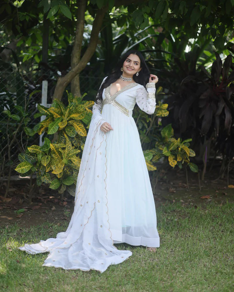 Womenline Wedding Wear Embroidered White Color Alia Cut Gown With Dupatta