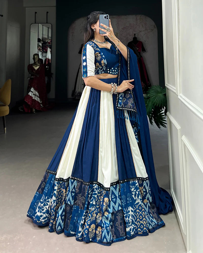 Womenline White And Blue Color Rayon Navratri Lehenga Choli