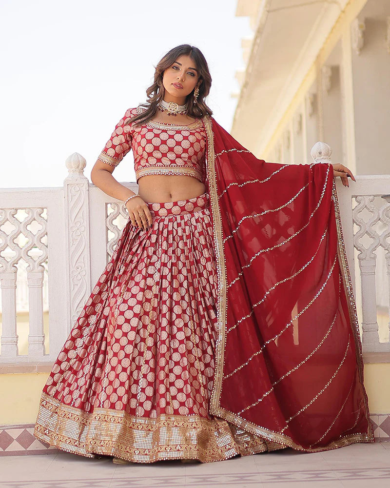 Womenline Red Color Pure Viscose Jacquard Lehenga Choli