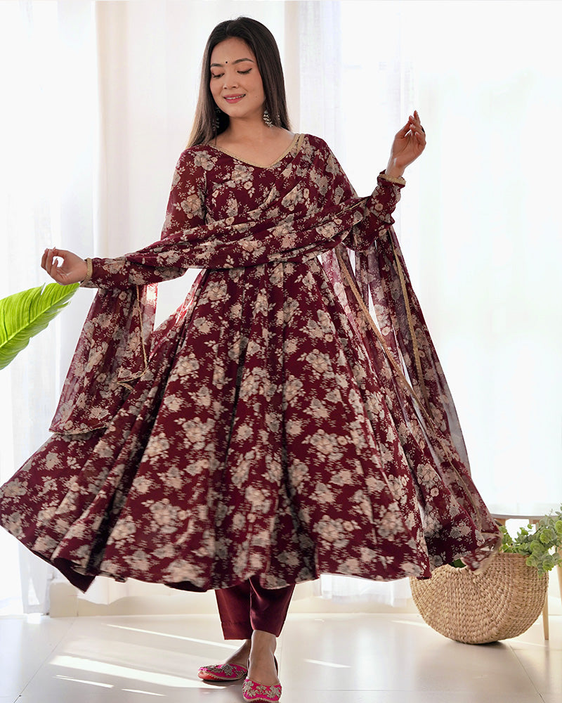 Womenline Dark Maroon Color Georgette Three Piece Anarkali Suit
