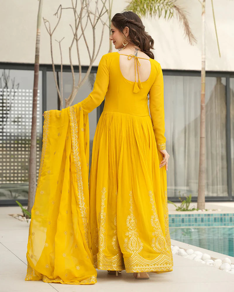 Womenline Yellow Color Faux Blooming Embroidered Gown