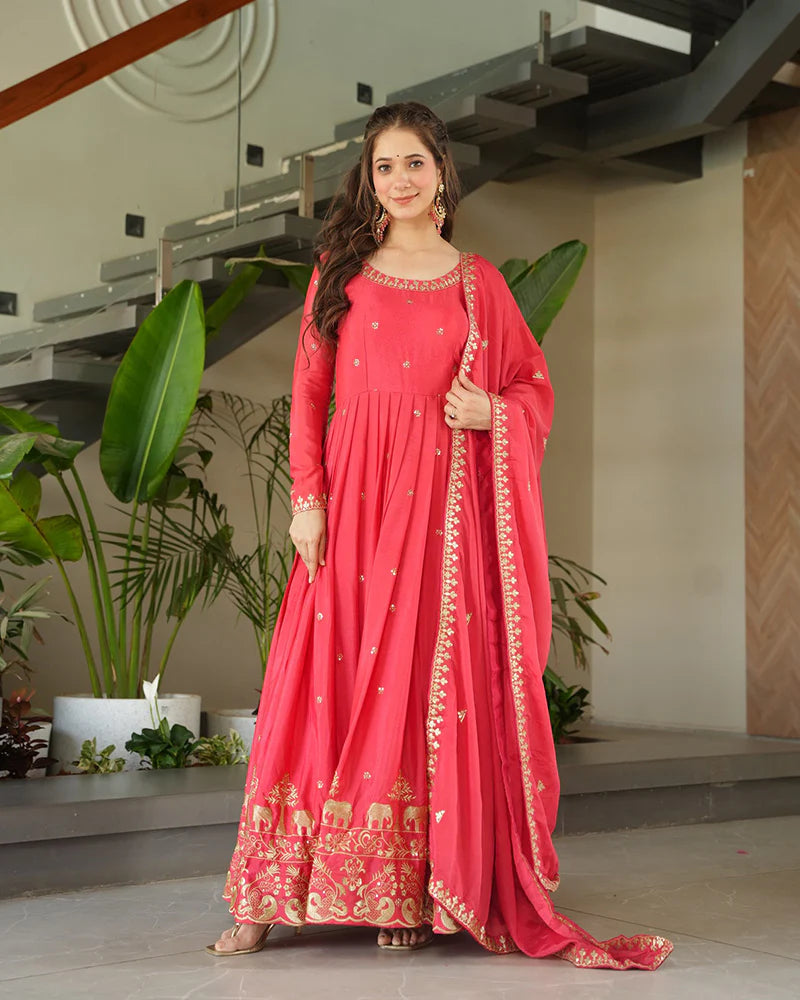 Womenline Peach Color Chinon Silk Sequins Embroidered Gown