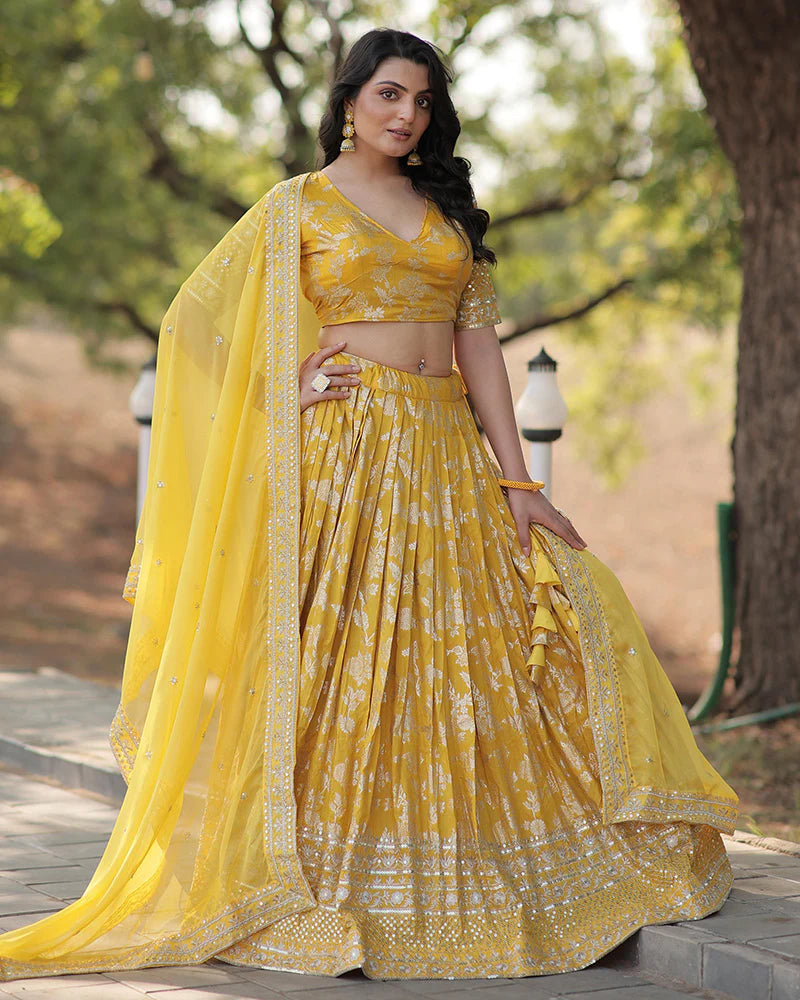 Womenline Yellow Color Pure Viscose Jacquard Lehenga Choli