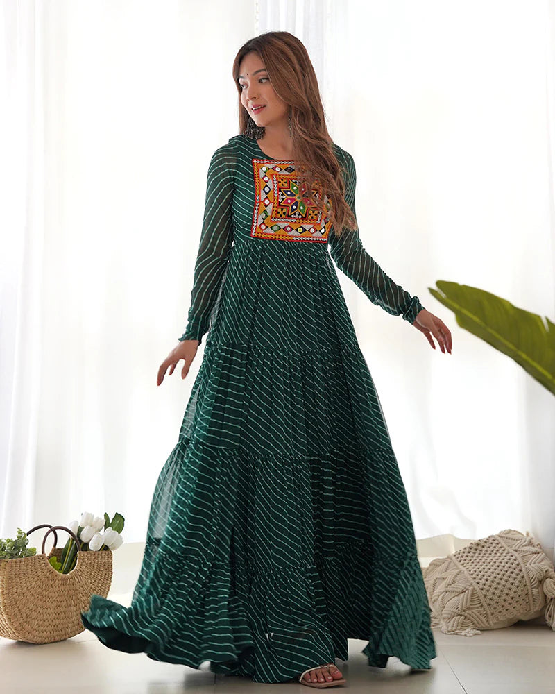 Womenline Green Color Georgette Laheriya Print Navratri Gown