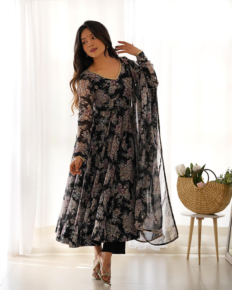 Womenline Black Color Georgette Three Piece Anarkali Suit