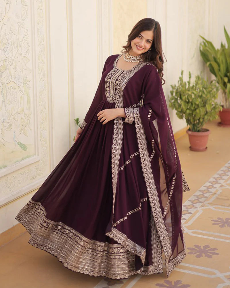 Womenline Wine Color Faux Blooming Rich Sequence Embroidered Gown