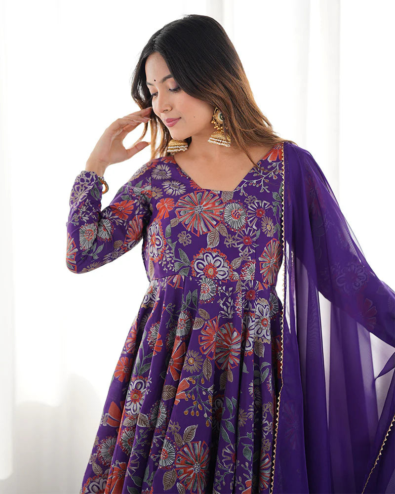 Womenline Purple Color Roman Silk Discharge Printed Plazzo Suit