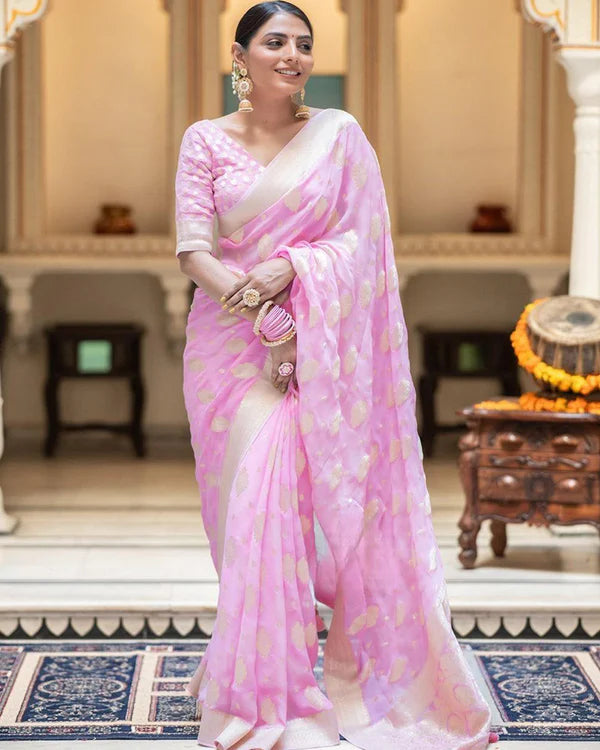Womenline Baby Pink Color Banarasi All over Jacquard Soft Silk Saree