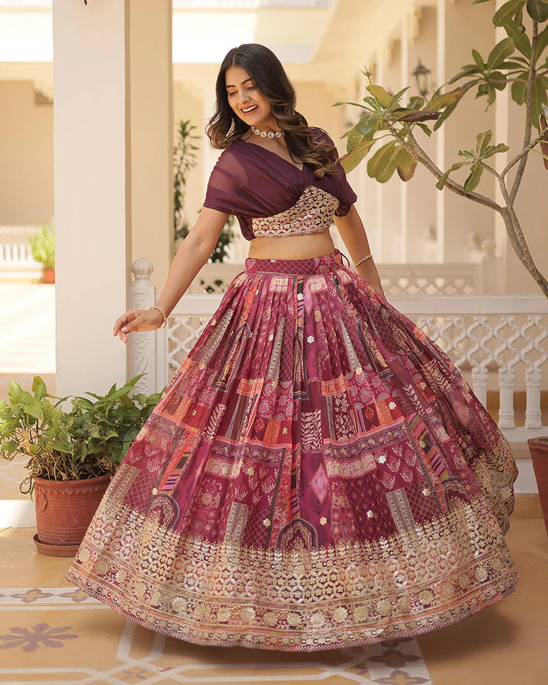 Womenline Wine Color Designer Russian Silk Embroidery Crop Top Lehenga Choli