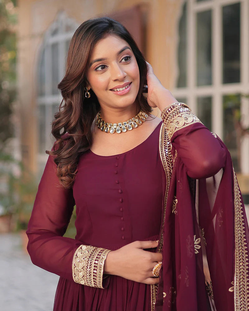 Womenline Royal Maroon Color Faux Blooming Zari Embroidered Work Gown