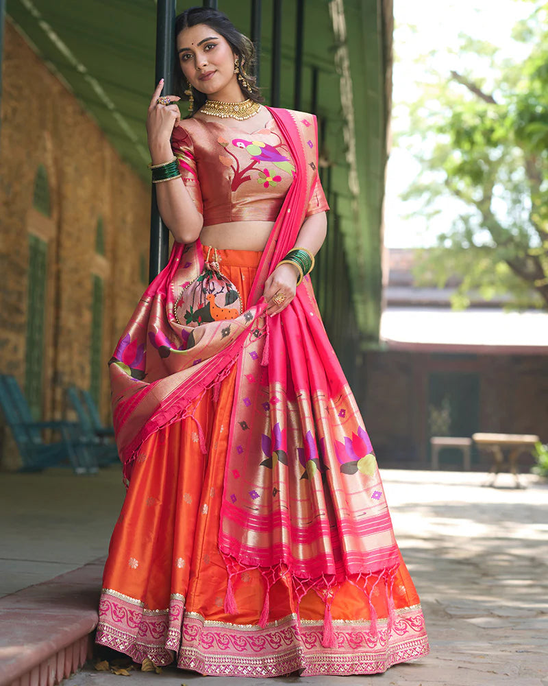 Womenline Orange Color Jacquard silk Lehenga Choli