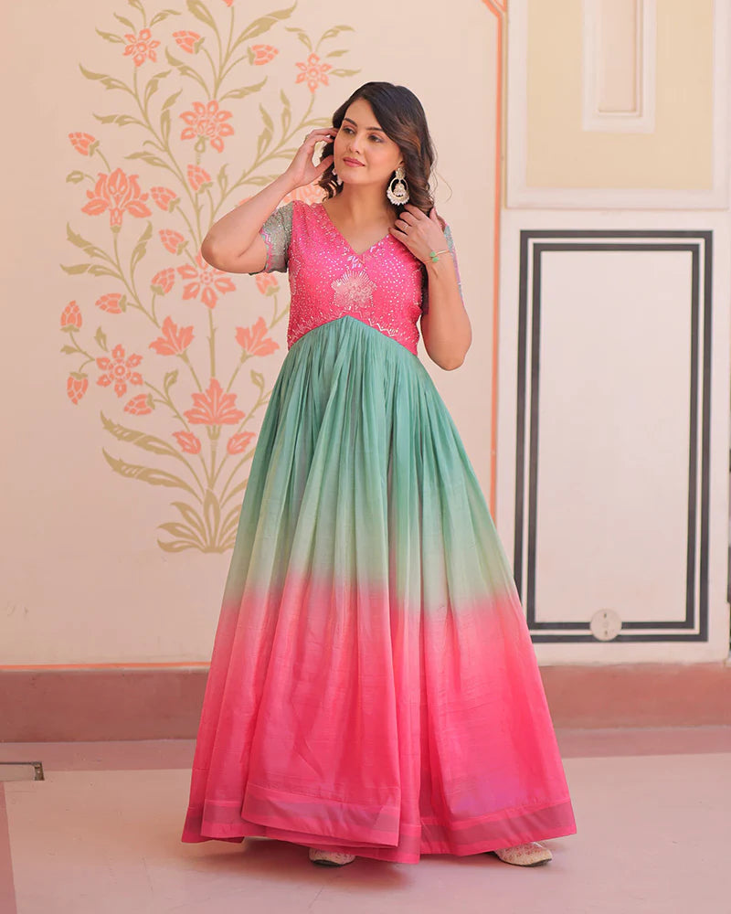 Womenline Pink Color Gold Crush Embroidered work Gown